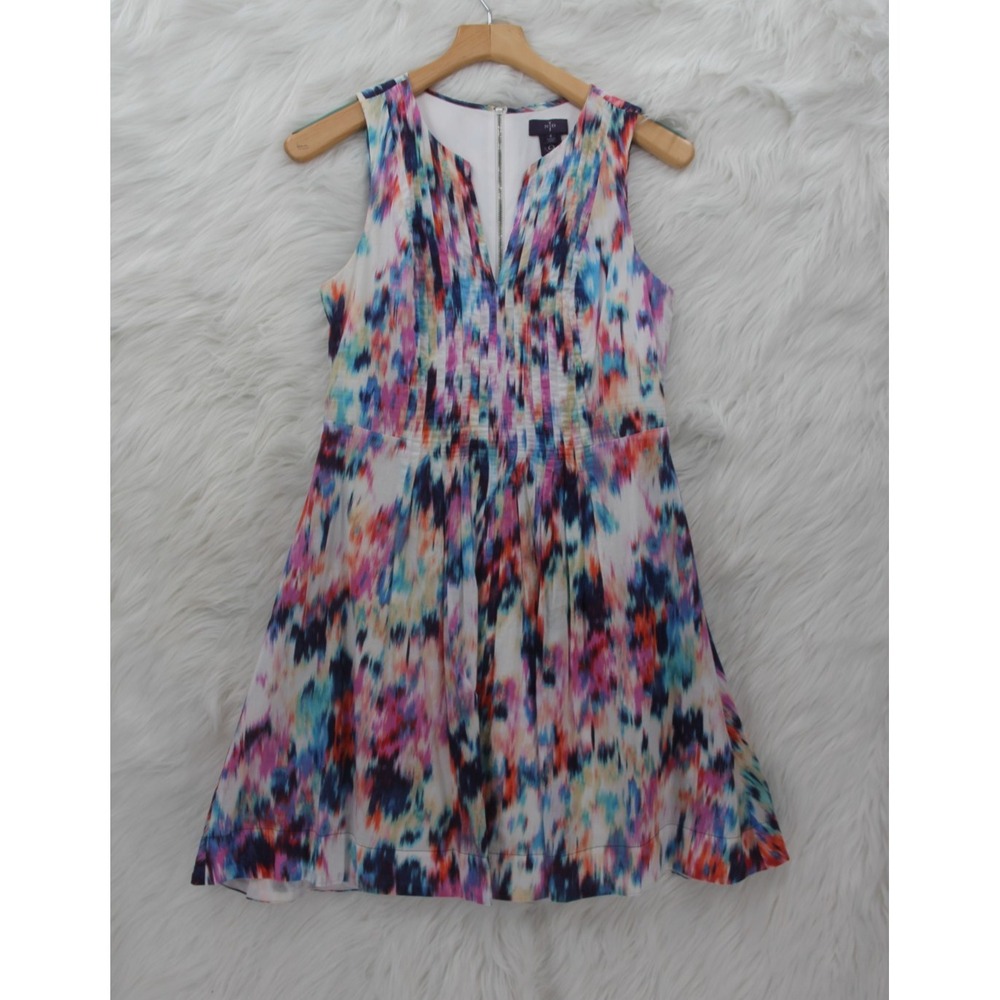 NYDJ Multicolor Abstract Watercolor Sleeveless Career Fit & Flare Dress Zip Up 4
